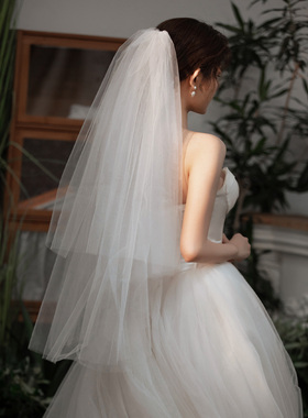 谜云 新娘主婚纱长款白色结婚旅拍照道具领证求婚头饰素蓬蓬头纱