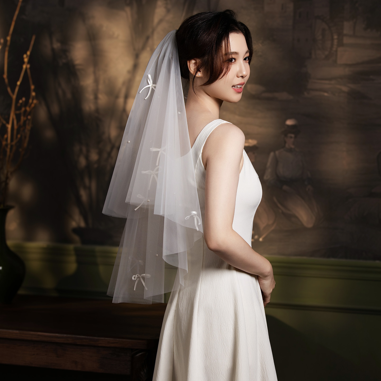 新娘短款领证蝴蝶结钉珠结婚头纱