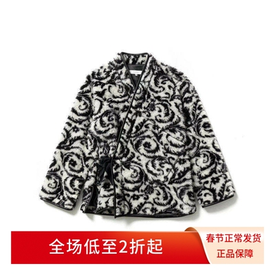 日系皮毛提花宽松保暖绑带开衫