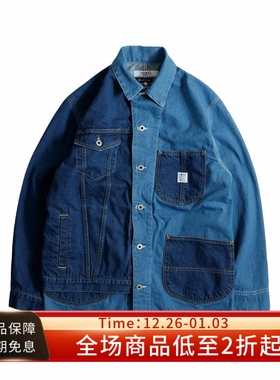 FDMTL 25FW COVERALL JACKET复古水洗多袋拼接假两件牛仔工装夹克