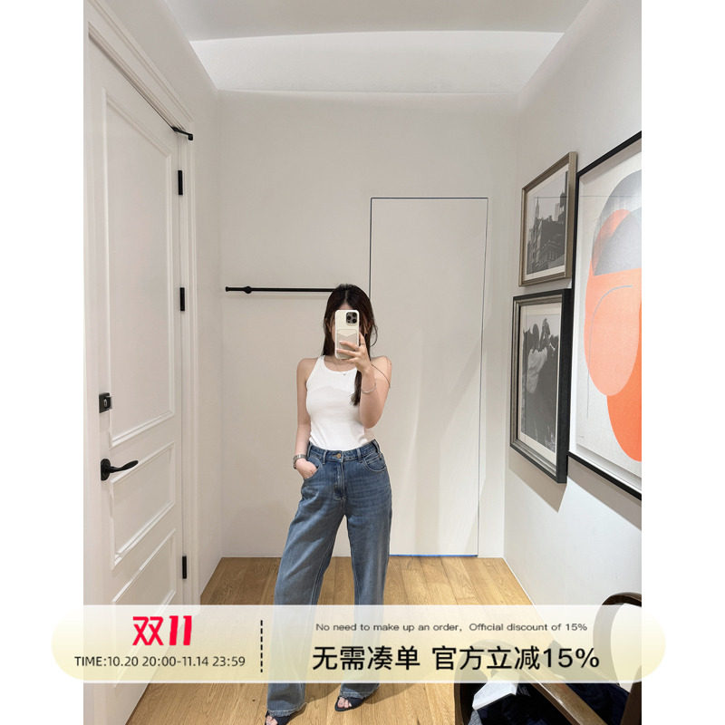 Rouqiu肉球小个子夏季海盐蓝色重工百搭时尚裤脚磨破四面弹牛仔裤