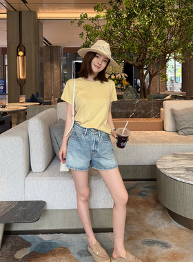 Rouqiu肉球小个子 全棉高腰牛仔短裤女浅蓝色百搭显瘦修身