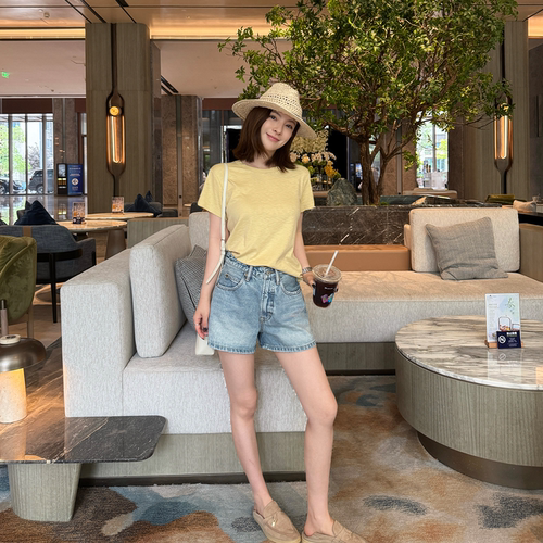 Rouqiu肉球小个子 全棉高腰牛仔短裤女浅蓝色百搭显瘦修身