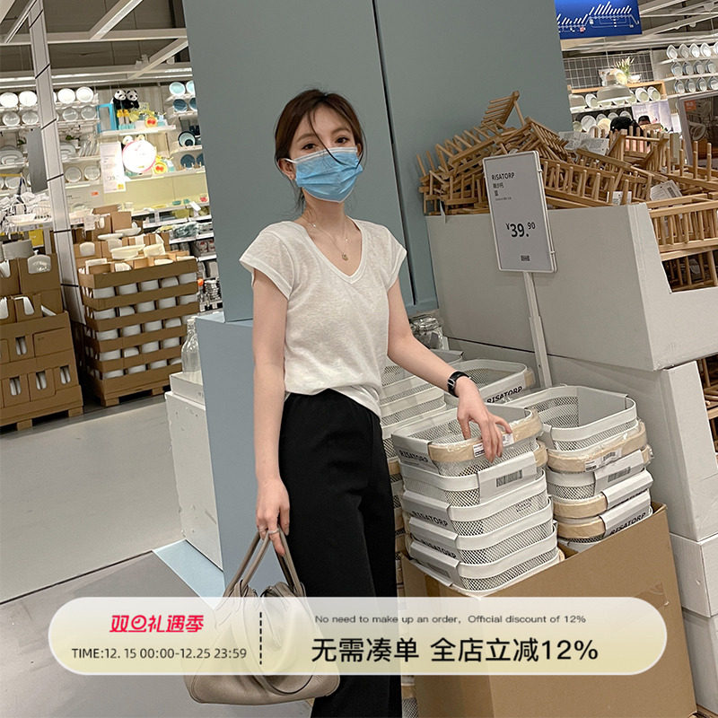 Rouqiu小个子竹节棉纯欲v领白色短袖t恤百搭显瘦薄款修身上衣女夏