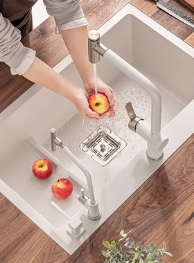 科恩纳D76白色星幕雨台下洗菜盆石英石大单槽厨房水槽花岗岩洗碗