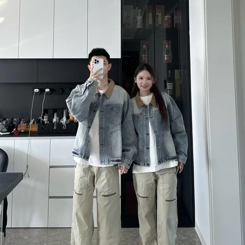 3KU夫妇秋季新款美式复古拼接牛仔外套夹克男女同款潮流上衣潮男