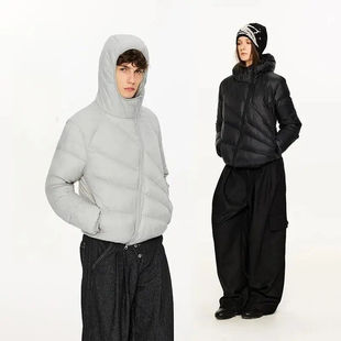 KREATE「放射线轻量化」90排骨斜拉链解构轻薄连帽羽绒服正肩外套