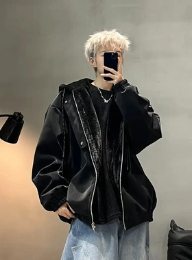DISROBEING冬季加厚夹克连帽皮衣男座山雕显瘦宽松棉服保暖外套