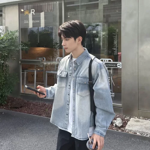 【牛仔外套】蓝色长袖牛仔衬衫男春秋新款美式宽松简约复古百搭男