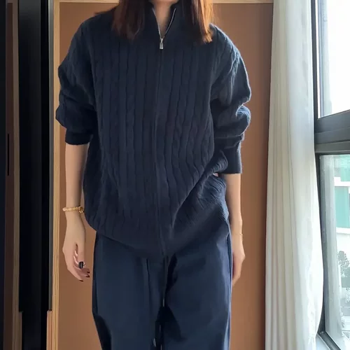 colyon老钱风麻花纹立领拉链开衫软糯亲肤宽松休闲百搭针织外套