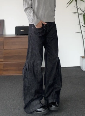 AYUN Studio美式复古立体解构丹宁黑色牛仔裤男女高级感弯刀裤25