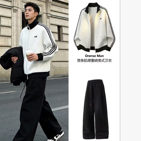 Orense Man 美式开衫卫衣男春潮牌情侣运动外套高街条纹立领夹克