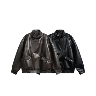 莫狂少年痞帅解构拼接pu皮机车服外套时尚潮流防风宽松夹克HJ5832