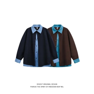 男女同款 休闲长袖 衬衫 假两件拼接宽松痞帅撞色长袖 春季