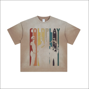 Coldplay酷玩乐队衣服周边美式嘻哈重磅直喷做旧短袖