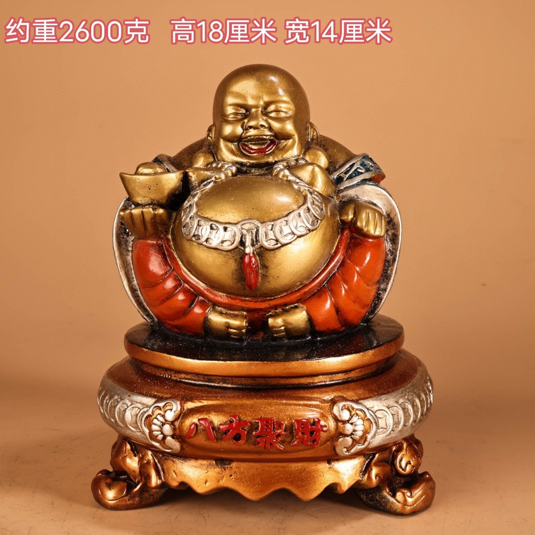 古玩纯铜彩绘描金大肚银弥勒佛家居摆件佛像办公室客厅装饰品桌面
