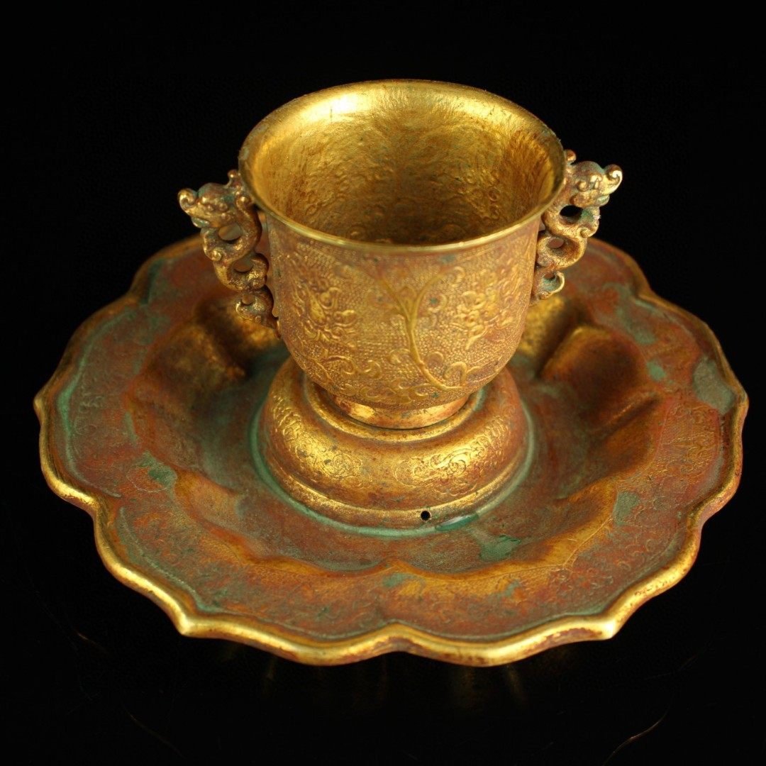 民间古玩旧藏地宫唐代纯铜鎏金酒具酒托一套收藏品老货