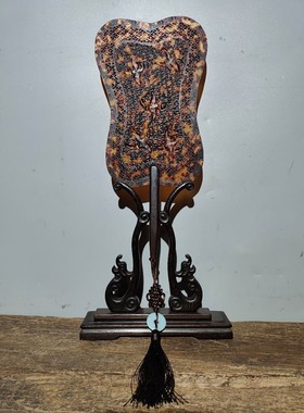 文案陈设花梨木嵌宫扇旧藏老花梨木宫扇屏风摆件古玩摆件收藏品