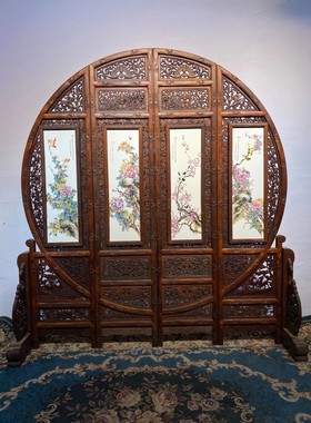 红木镶瓷板画双面屏风刘雨岑做粉彩花鸟汪野亭作粉彩山水瓷板画