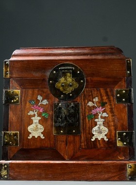 古玩花梨木镶嵌螺钿小官皮箱盒嫁妆箱多层饰品盒家具摆件