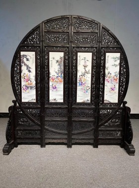 红木透雕镶瓷板画双面圆屏风童子琴棋书画汪野亭作粉彩山水瓷板画