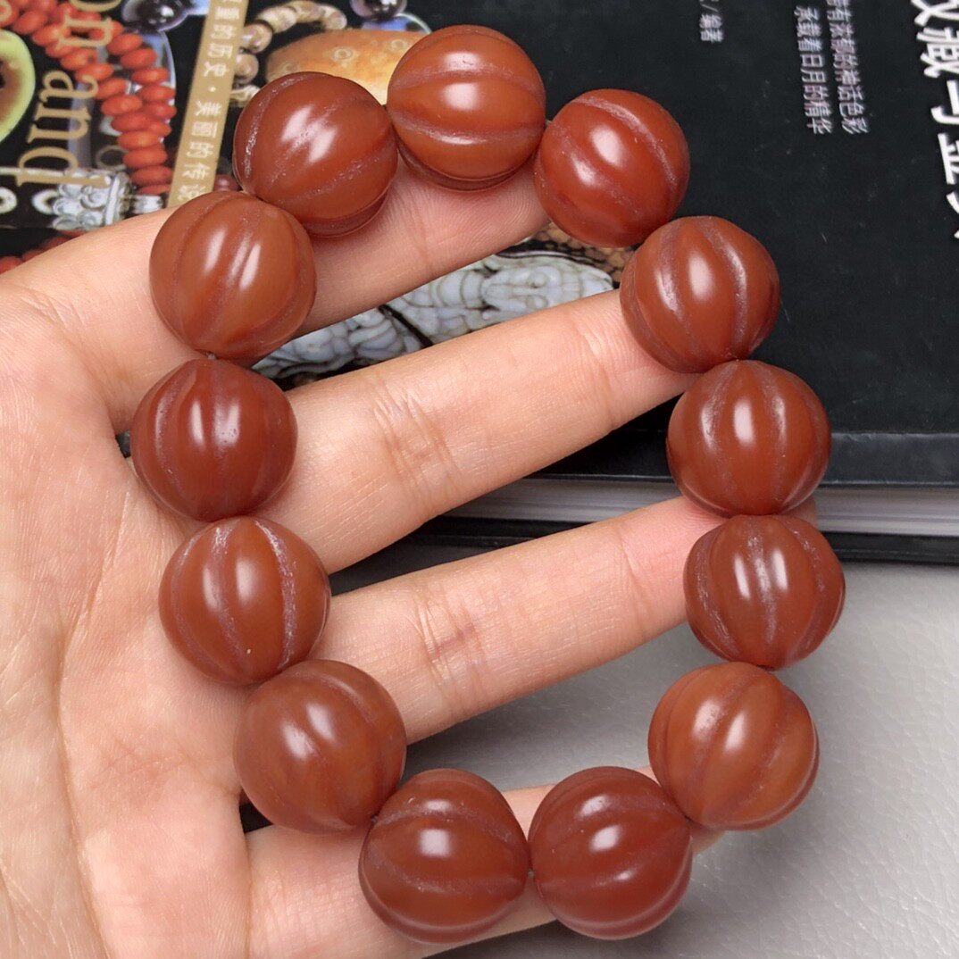 藏传天然老玛瑙红肉瓜纹珠圆天珠手串手链男女款手饰项链隔珠配