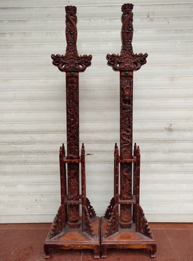 古玩旧藏老桃木剑九龙戏珠纯手工雕刻桃木剑摆件一对桃木宝剑摆件