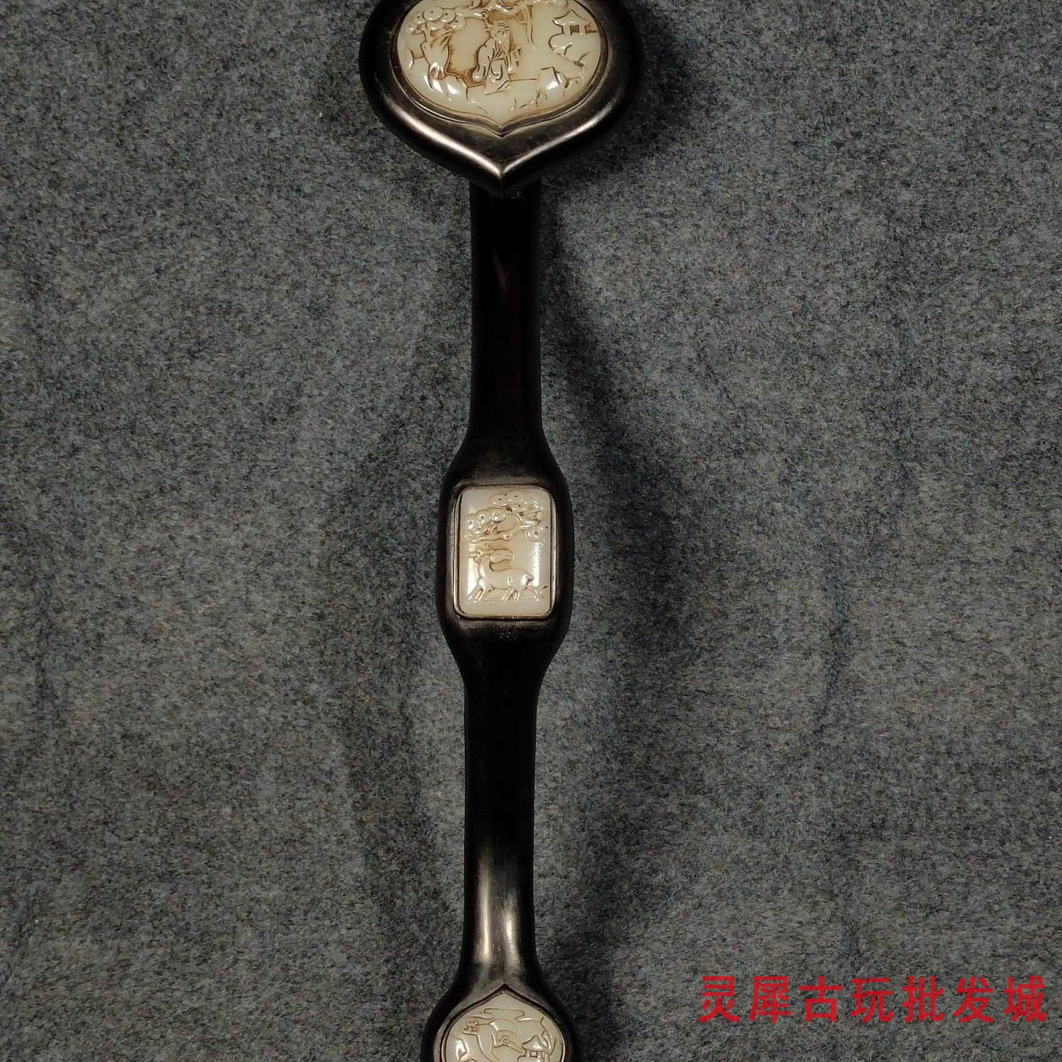 古玩旧藏檀木镶嵌古玉白玉福禄寿如意摆件家居装饰收藏品家用