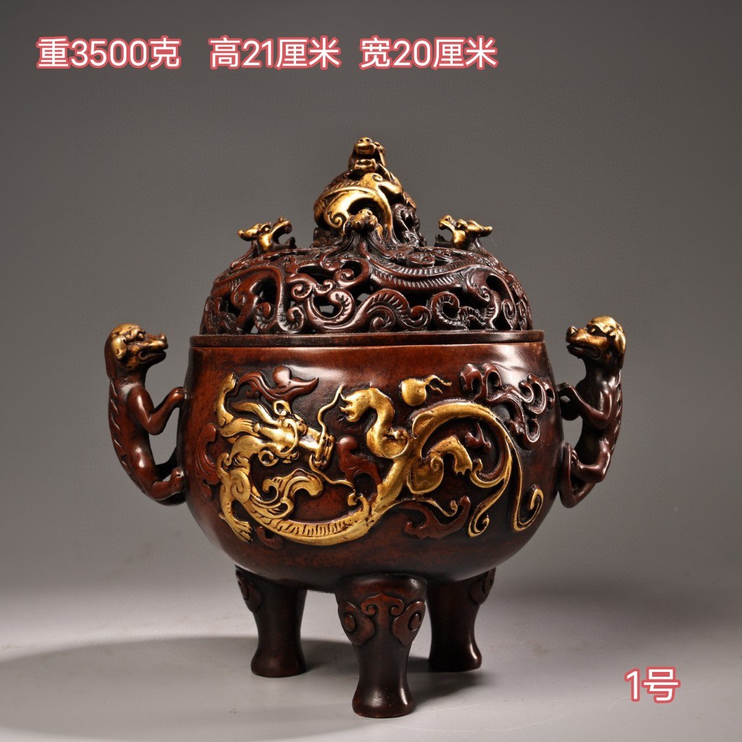 紫铜熏香炉纯手工高浮雕篆刻镶银丝仿古香薰炉家居佛堂装饰品摆件