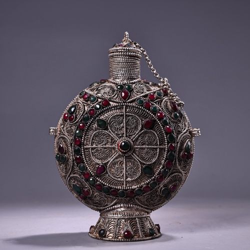 古玩珍品旧藏收藏银花丝镶嵌宝石鼻烟壶