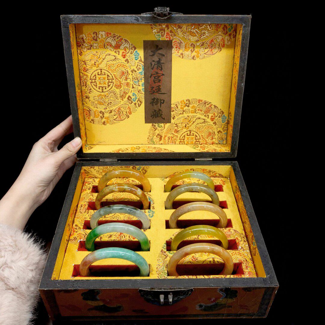 古玩收藏翠玉手镯一套带原木盒精美首饰饰品文玩送礼收藏10支镯