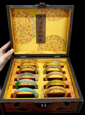 古玩收藏翠玉手镯一套带原木盒精美首饰饰品文玩送礼收藏10支镯