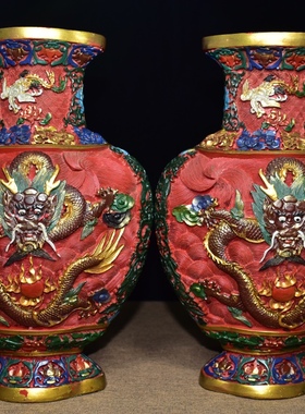古玩古董纯手工艺漆器摆件彩绘双龙花瓶商务礼品家居摆件装饰品