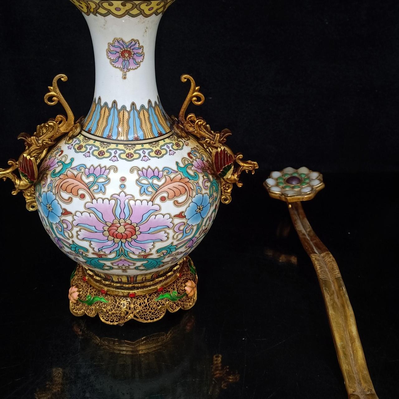 古玩纯铜鎏金花瓶摆件家居装饰品客厅插花瓶复古中式玄关柜摆设