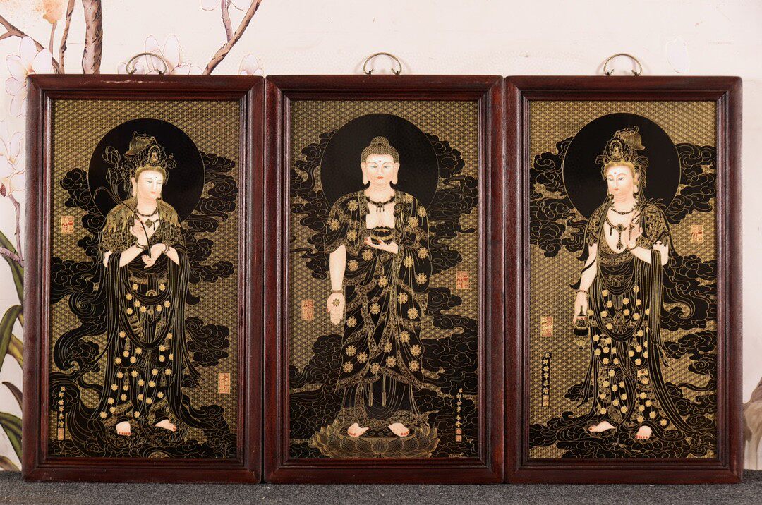 臣丁观鹏恭绘红木镶精品黑底掐金丝瓷板画人物挂屏一套