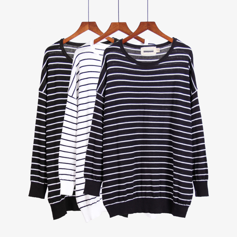 大码黑白条纹长袖套头针织打底衫宽松中长款毛衣女上衣春秋新款