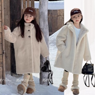 拓伴毛绒仿皮草外套女童洋气儿童韩版皮毛一体仿貂绒大衣冬2025新