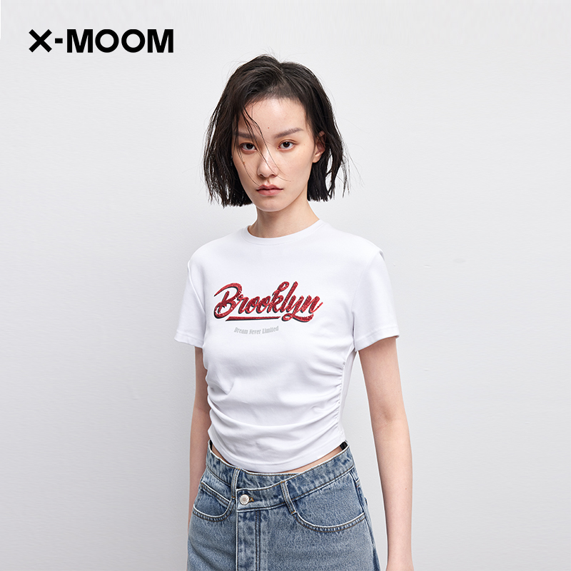 X--MOOM侧抽皱亮片刺绣紧身短T