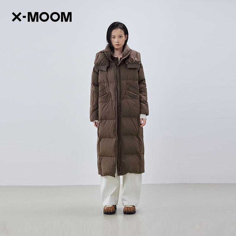 XMOOM菱形切割连帽长款羽绒服