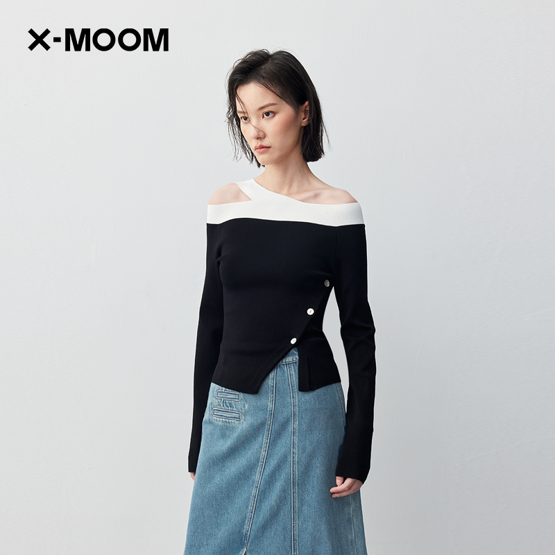 X--MOOM撞色一字露肩长袖T恤