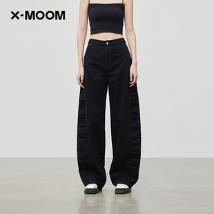 MOOM秋季 商场同款 女 高级感拼接抽皱窄版 牛仔香蕉裤 新款