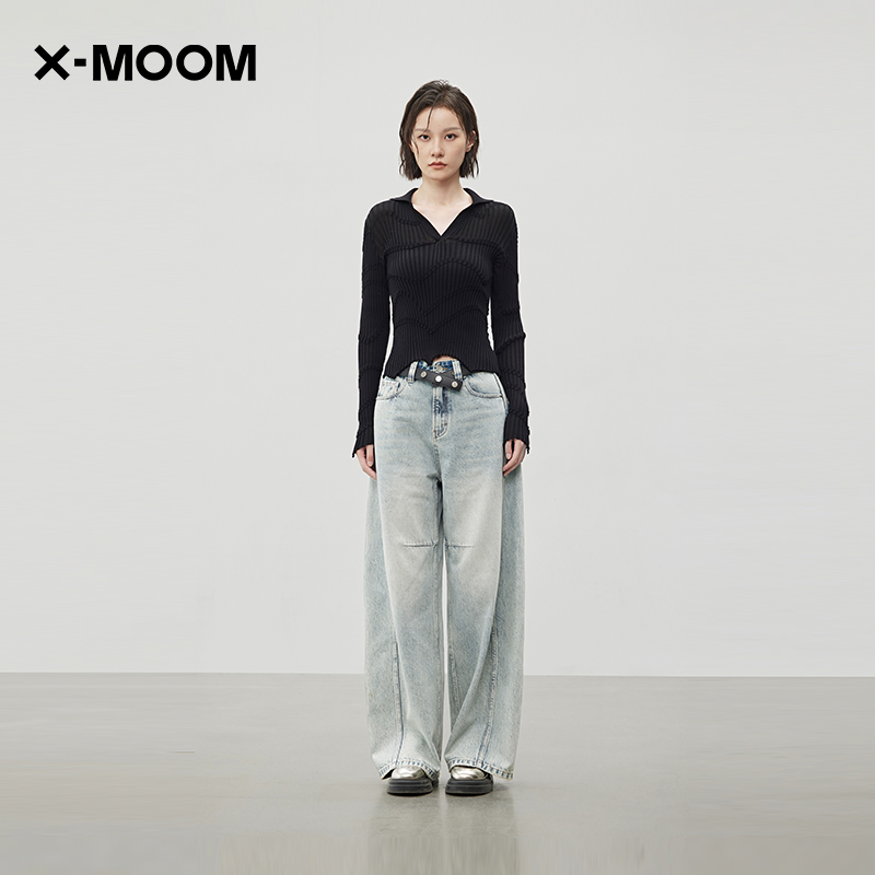 X--MOOM立体波浪纹polo领针织衫