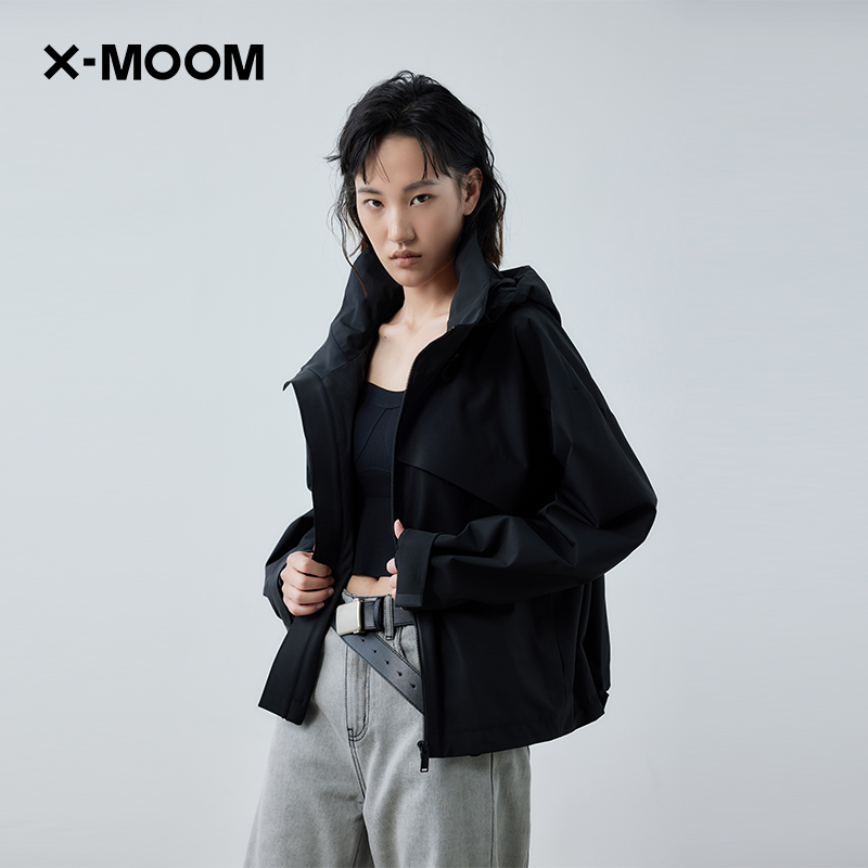 X--MOOM大翻领连帽斜插片短外套
