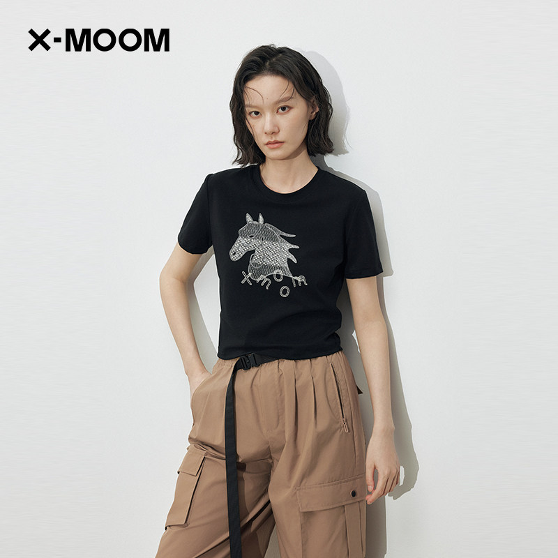 【商场同款】X--MOOM2026春季新款修身显瘦生肖马印花短袖T恤女
