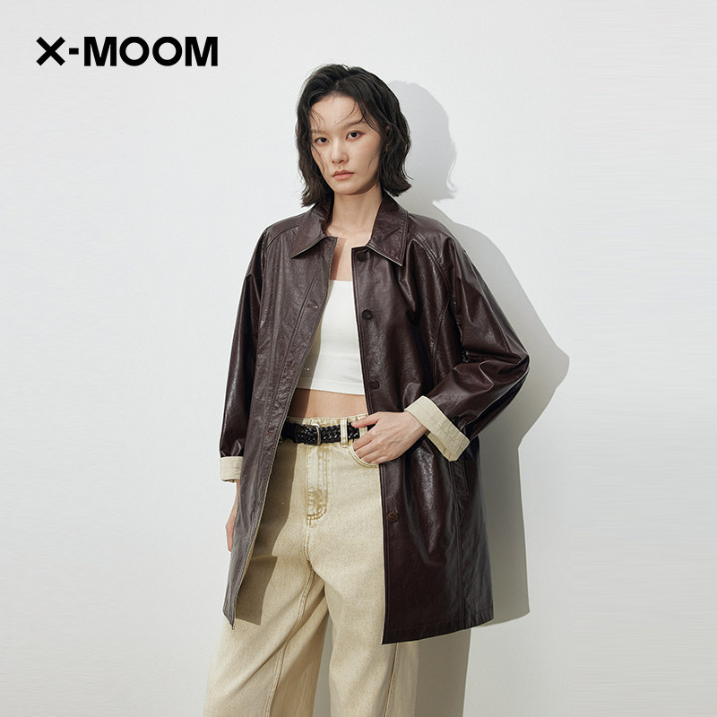 【商场同款】X--MOOM2026春季新款复古做旧油蜡感中长牛皮风衣女,女装/女士精品,皮衣,淘宝优惠券,粉丝福利购,淘宝优惠卷