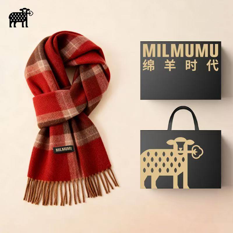 绵羊时代羊毛大红色格子围巾男女生2026马年新款冬年会本命年围脖