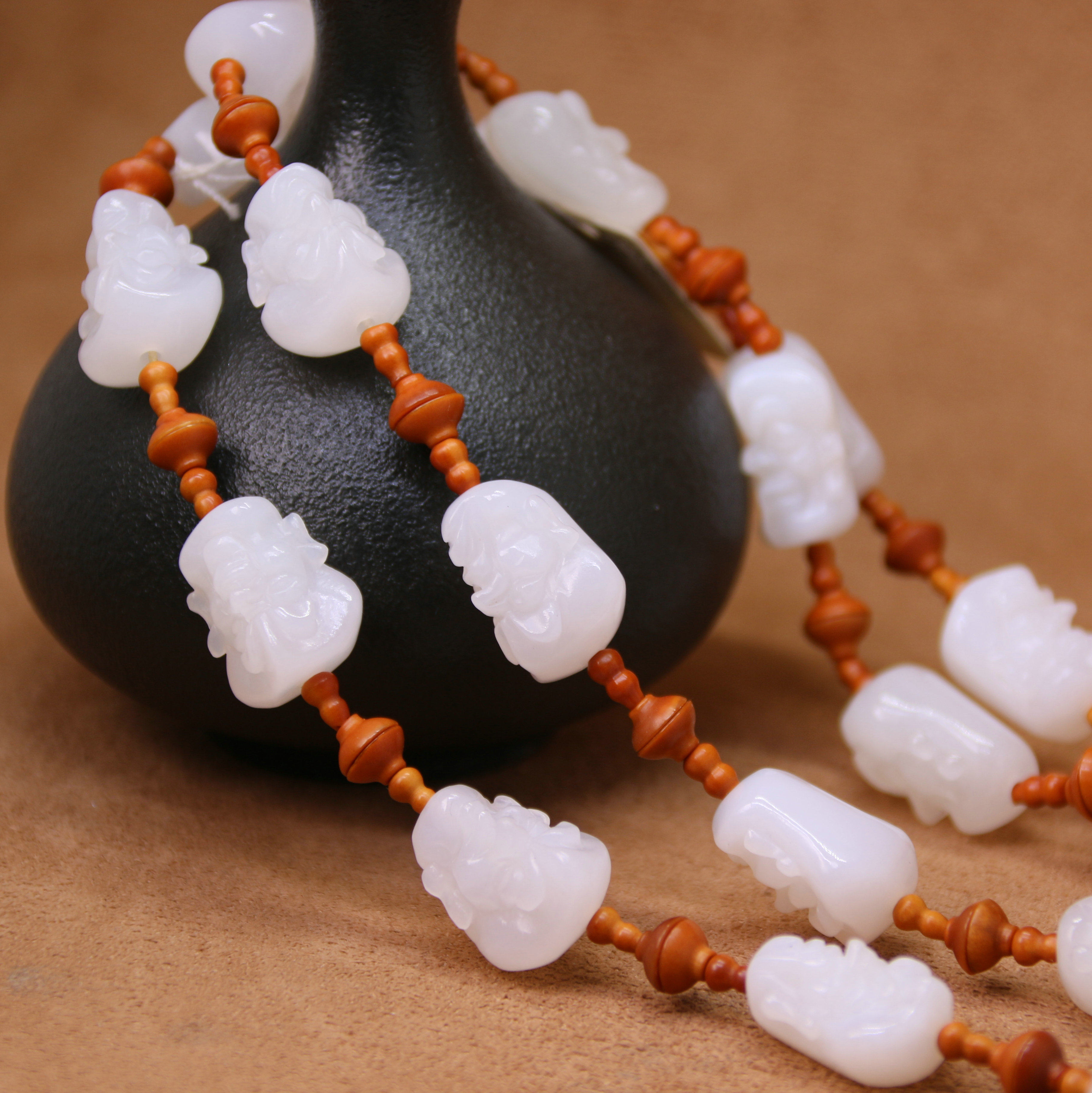 璞玉轩天然新疆和田玉脂白玉十八罗汉佛珠项链一级白手链手串双证