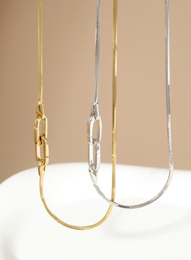 榴莲银饰 DURIAN 通体925银镀铑金方形蛇骨链93cm毛衣链长款项链