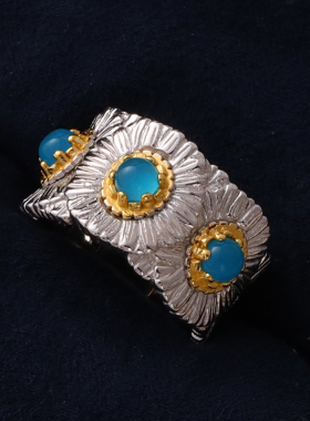 虞书欣布家同款意大利纯银蓝玛瑙雏菊戒指女轻奢复古红宝石戒指