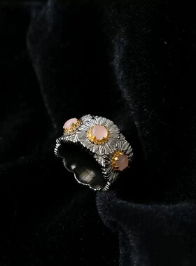 虞书欣布家同款意大利纯银蓝玛瑙雏菊戒指女轻奢复古红宝石戒指